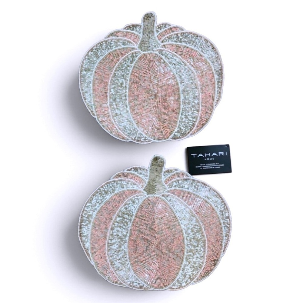 Tahari Home Beaded Pumpkin Chargers Placemats Pink Gold Set of 2 Fall Decor 15"